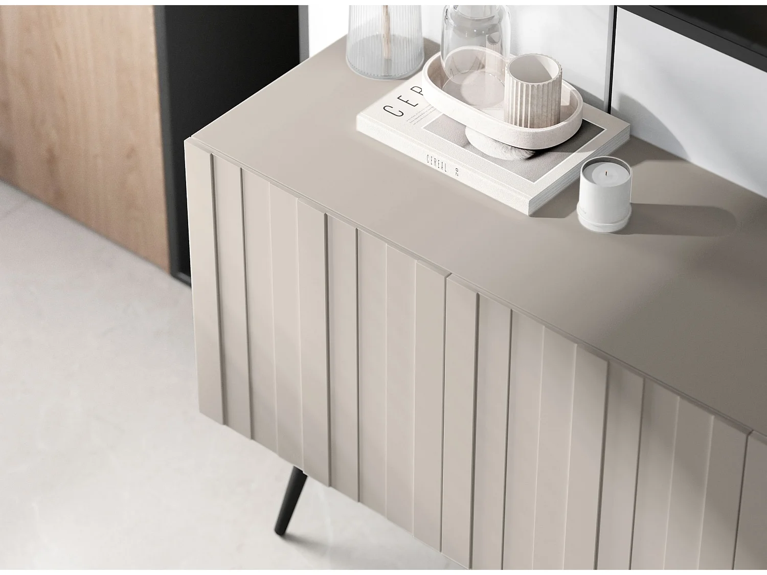 Meuble TV avec 8 portes - Corps Cachemire mat, façades rainurées Cachemire mat - 300 cm