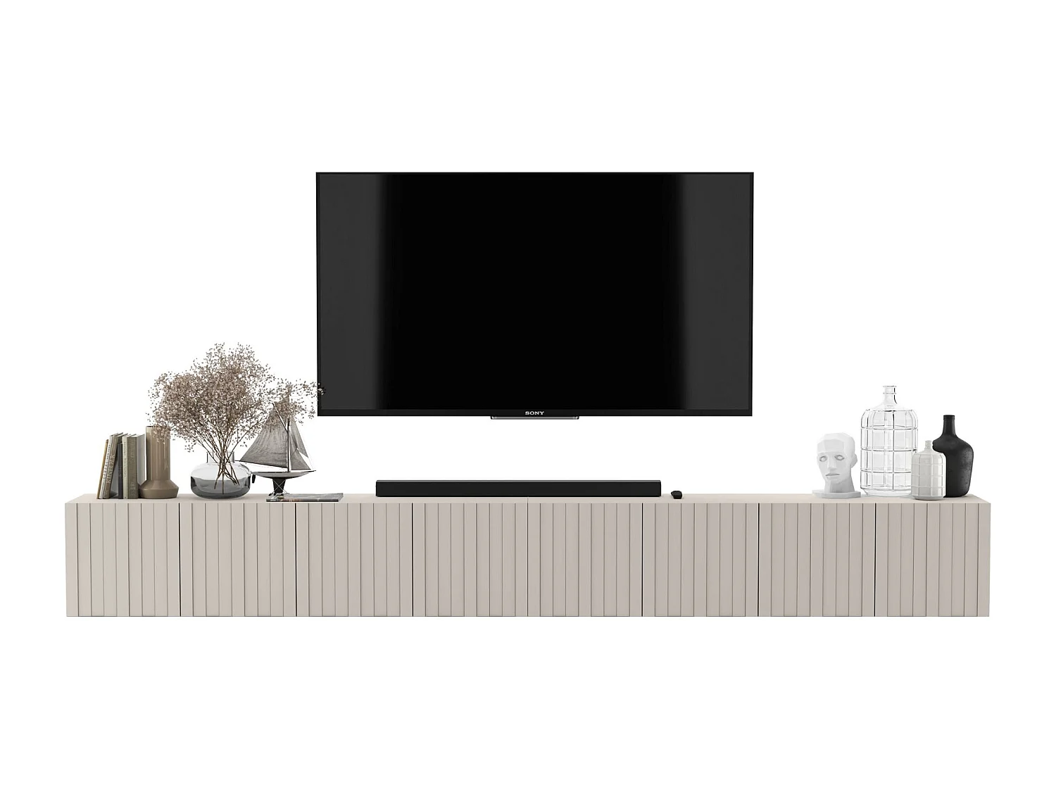 TV-Möbel mit 8 Türen - Korpus Kaschmir matt, geriffelte Fronten Kaschmir matt - 300 cm