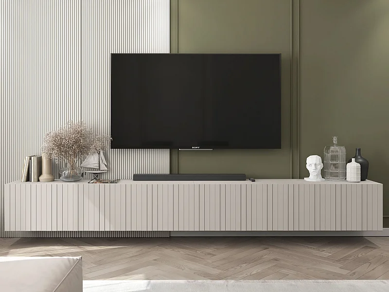 Meuble TV avec 8 portes - Corps Cachemire mat, façades rainurées Cachemire mat - 300 cm