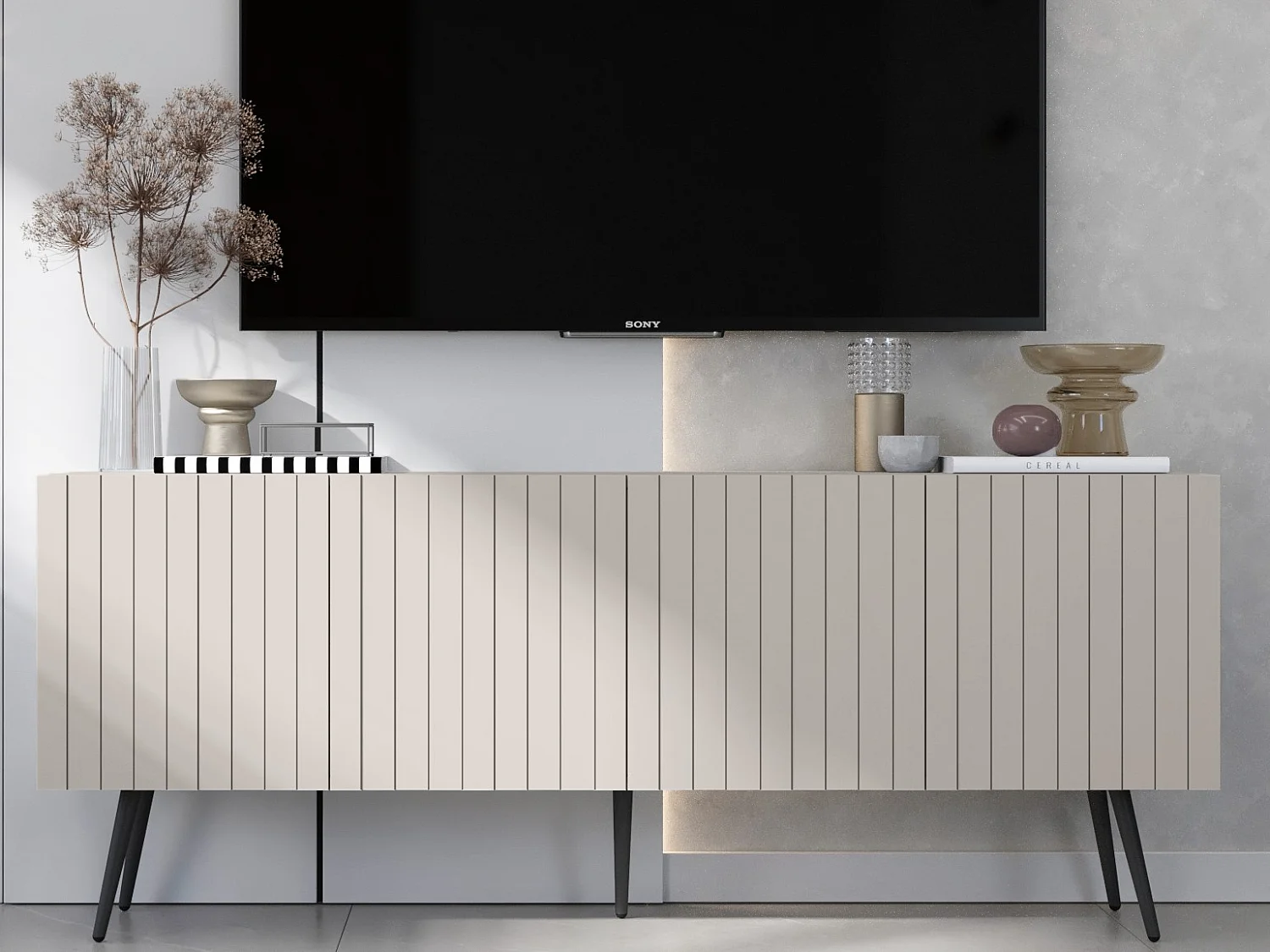 Meuble TV avec 4 portes - Corps Cachemire mat, façades rainurées Cachemire mat - 150 cm, pieds noirs