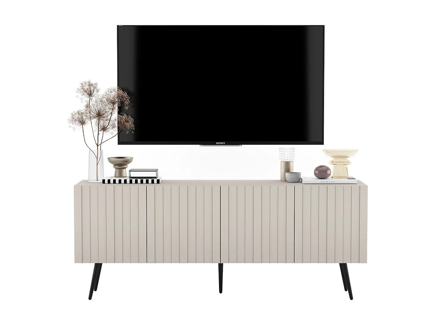 Meuble TV avec 4 portes - Corps Cachemire mat, façades rainurées Cachemire mat - 150 cm, pieds noirs