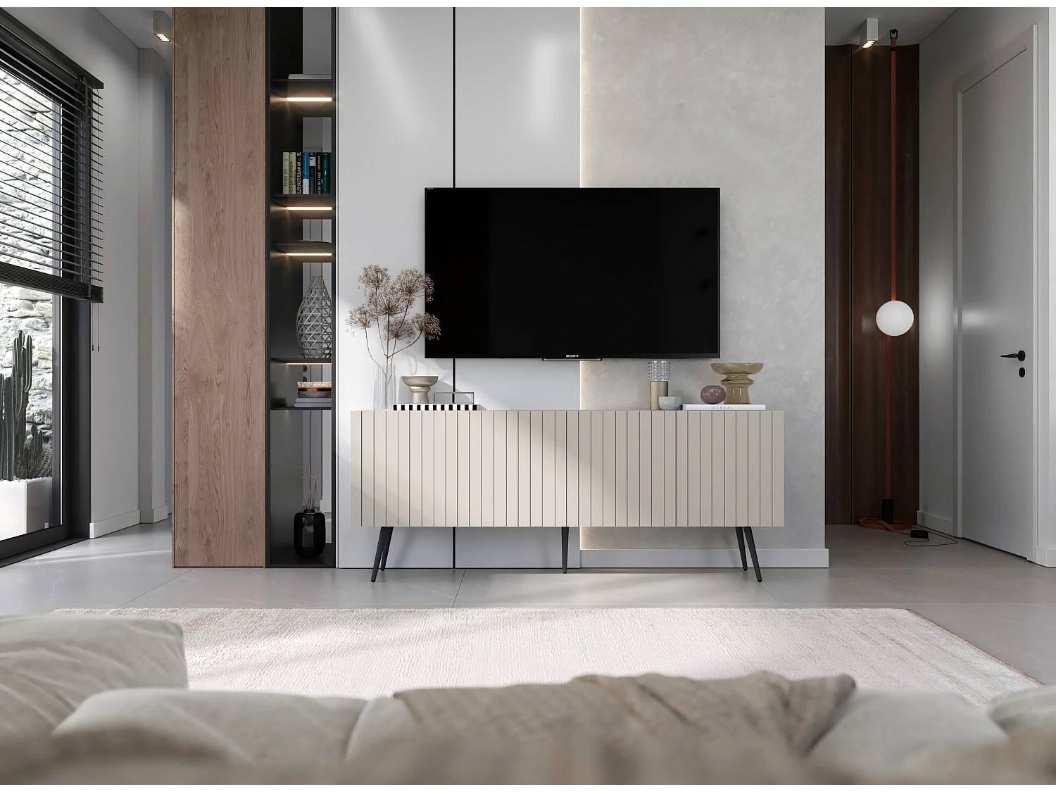 Meuble TV avec 4 portes - Corps Cachemire mat, façades rainurées Cachemire mat - 150 cm, pieds noirs