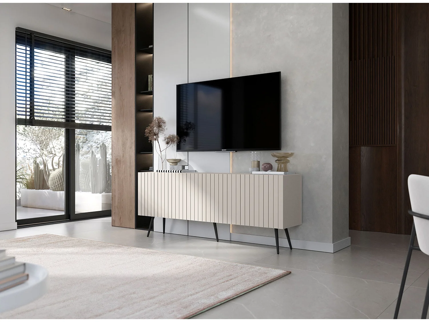 Meuble TV avec 4 portes - Corps Cachemire mat, façades rainurées Cachemire mat - 150 cm, pieds noirs