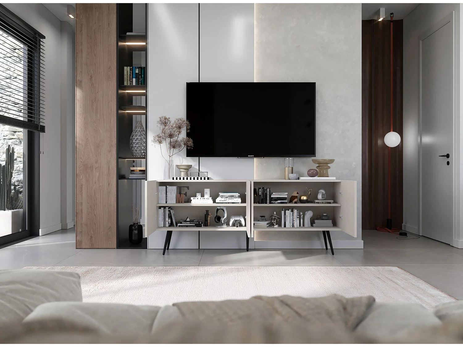 Meuble TV avec 4 portes - Corps Cachemire mat, façades rainurées Cachemire mat - 150 cm, pieds noirs