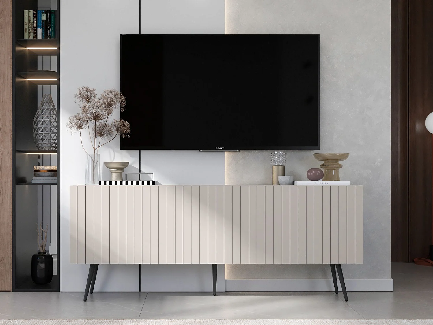 TV-Schrank mit 4 Türen - Korpus Kaschmir matt, geriffelte Fronten Kaschmir matt - 150 cm, schwarze Füße