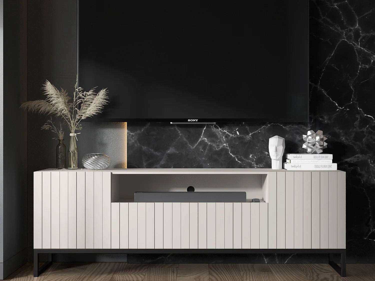 Meuble TV avec 3 portes et niche - Corps Cachemire mat, façades rainurées Cachemire mat - 150 cm, Cadre en métal noir