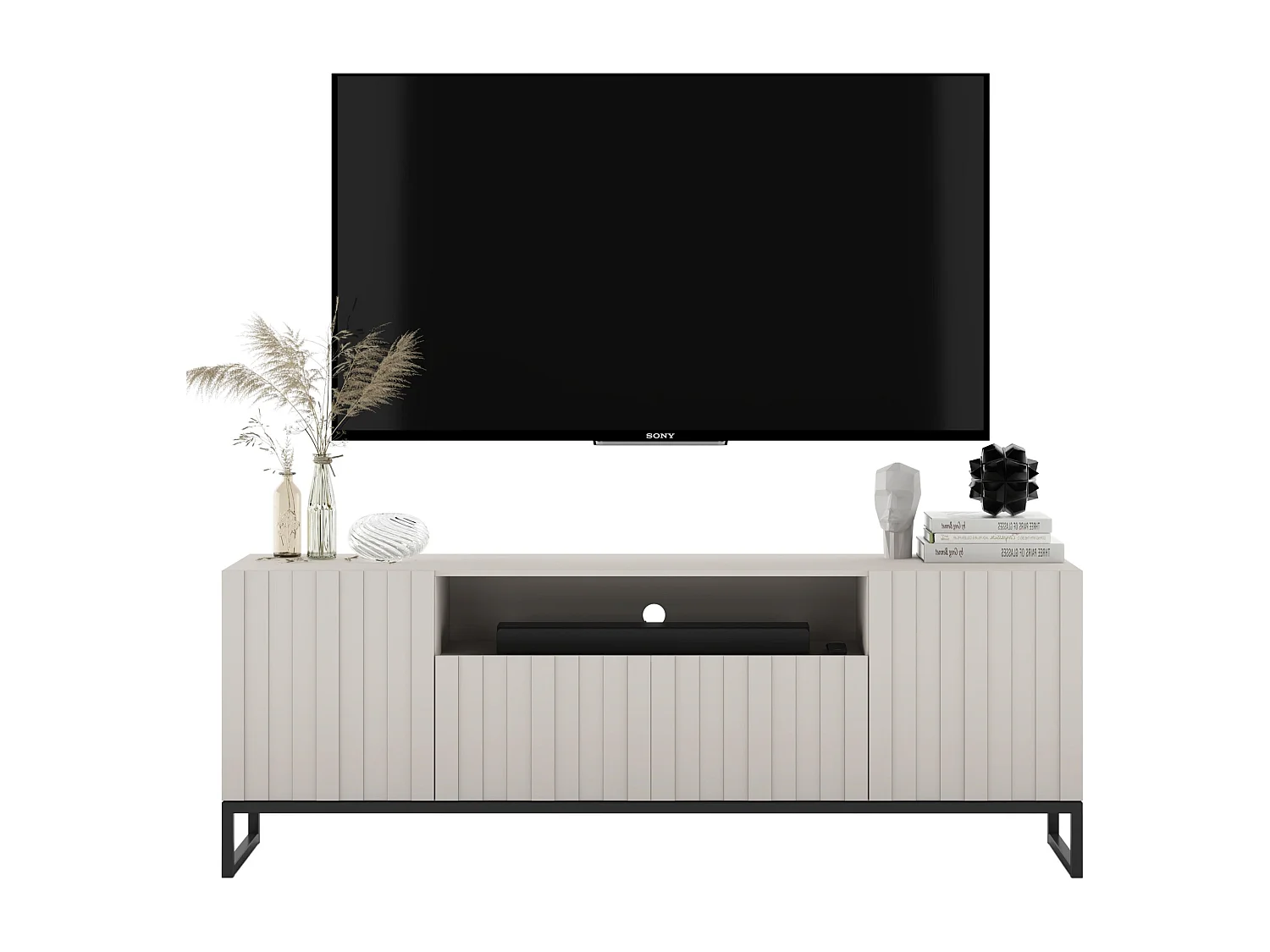 Meuble TV avec 3 portes et niche - Corps Cachemire mat, façades rainurées Cachemire mat - 150 cm, Cadre en métal noir