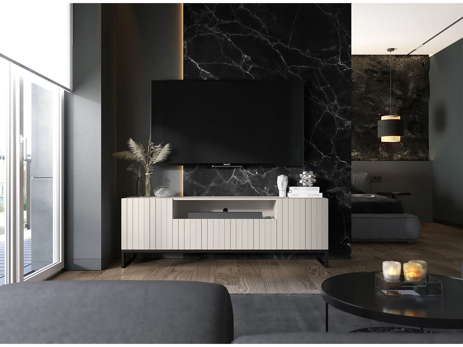 Meuble TV avec 3 portes et niche - Corps Cachemire mat, façades rainurées Cachemire mat - 150 cm, Cadre en métal noir