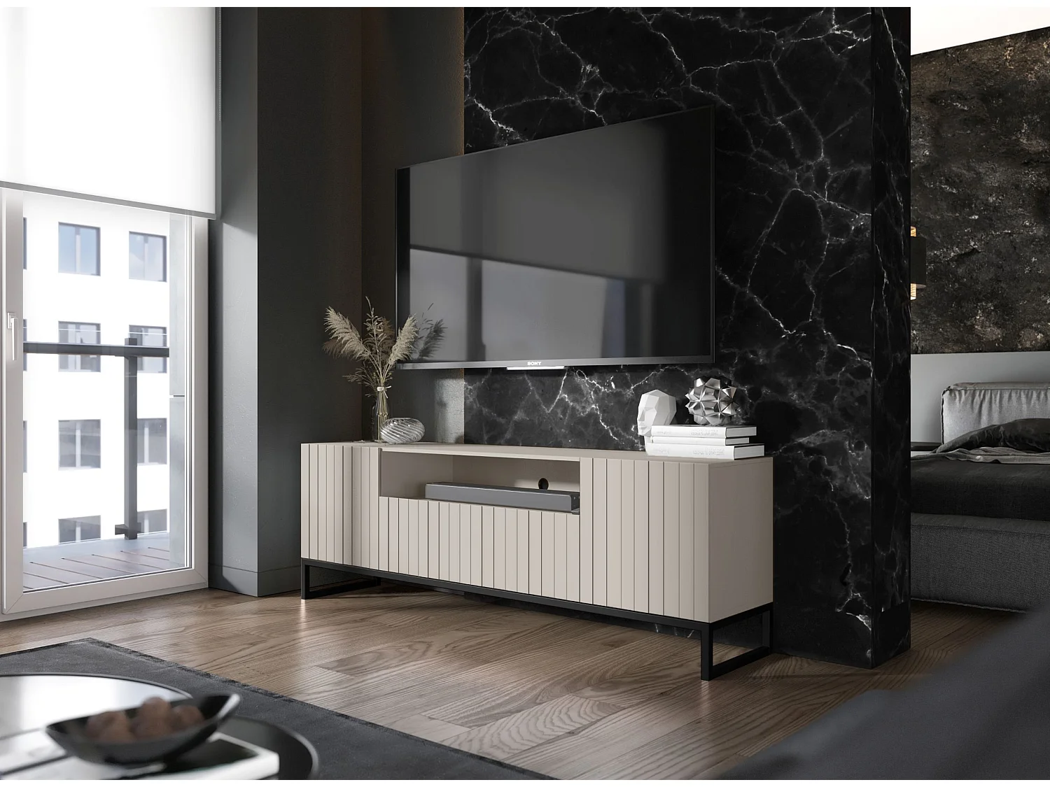 Meuble TV avec 3 portes et niche - Corps Cachemire mat, façades rainurées Cachemire mat - 150 cm, Cadre en métal noir