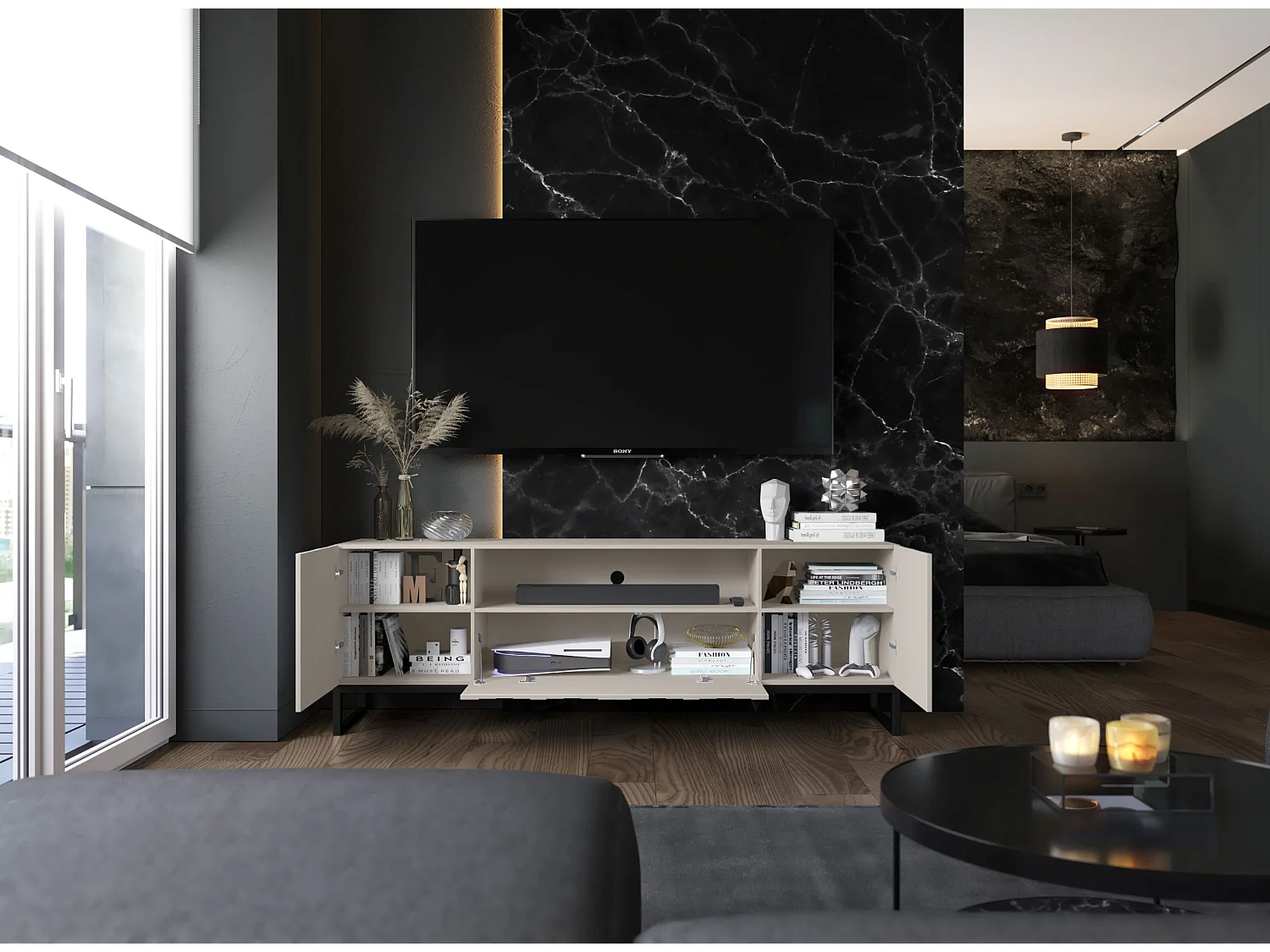 Meuble TV avec 3 portes et niche - Corps Cachemire mat, façades rainurées Cachemire mat - 150 cm, Cadre en métal noir