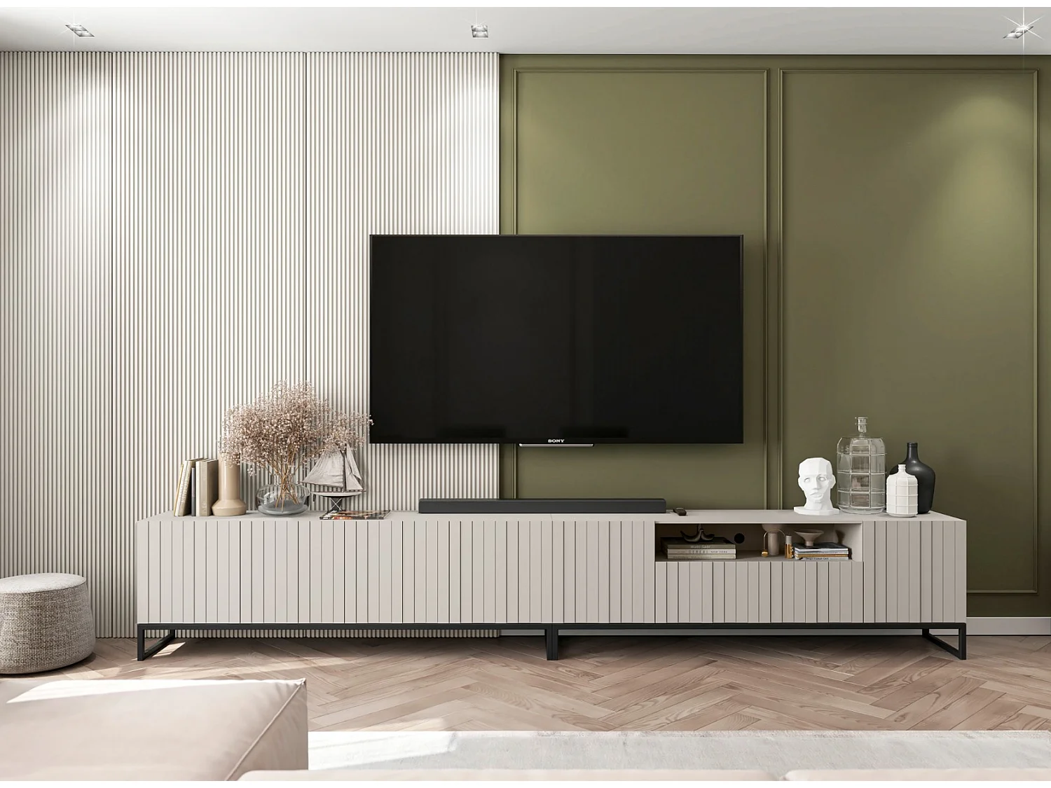 Meuble TV avec 3 portes et niche - Corps Cachemire mat, façades rainurées Cachemire mat - 150 cm, Cadre en métal noir