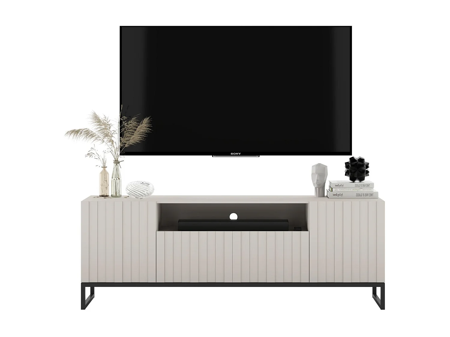TV-Möbel mit 3 Türen und Nische - Korpus Kaschmir matt, geriffelte Fronten Kaschmir matt - 150 cm, schwarzer Metallrahmen