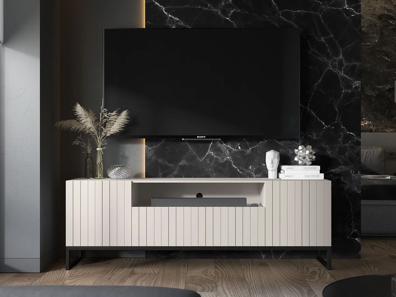 TV-Möbel mit 3 Türen und Nische - Korpus Kaschmir matt, geriffelte Fronten Kaschmir matt - 150 cm, schwarzer Metallrahmen
