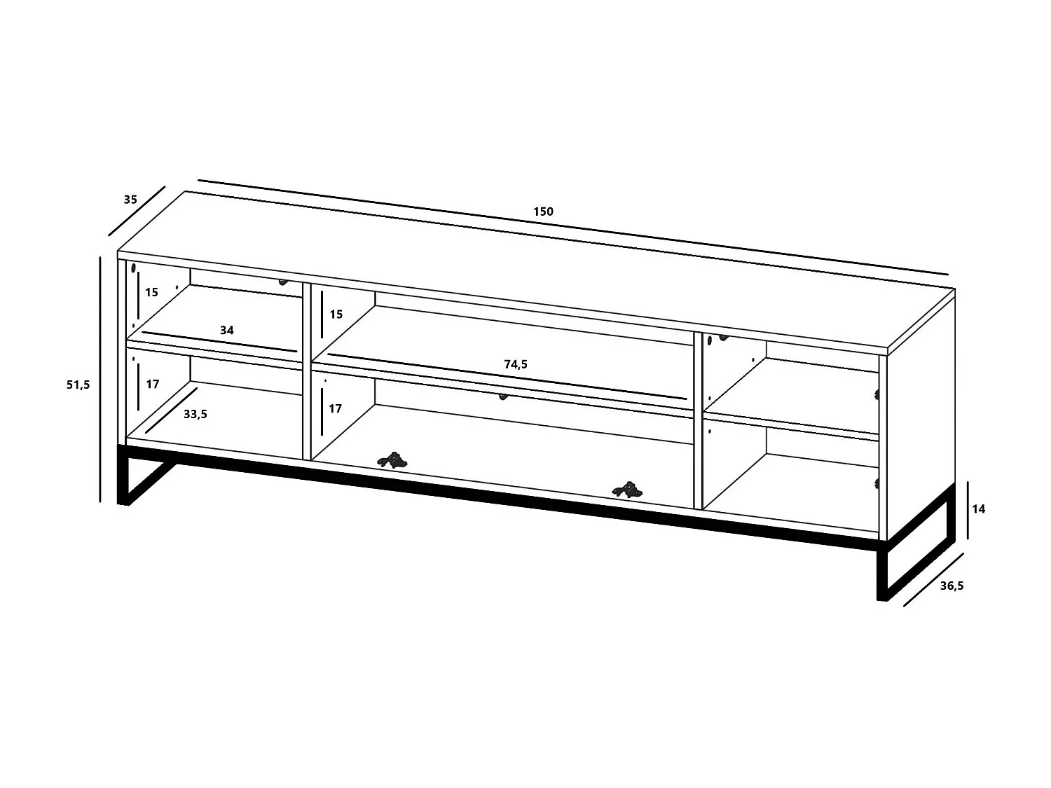 TV-Möbel mit 3 Türen und Nische - Korpus Kaschmir matt, geriffelte Fronten Kaschmir matt - 150 cm, schwarzer Metallrahmen
