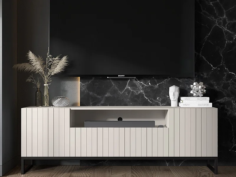 Meuble TV avec 3 portes et niche - Corps Cachemire mat, façades rainurées Cachemire mat - 150 cm, Cadre en métal noir