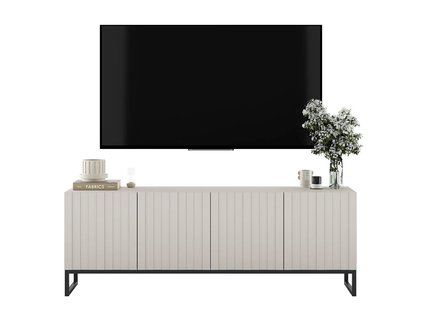 Meuble TV avec 4 portes - Corps Cachemire mat, façades rainurées Cachemire mat - 150 cm, Cadre en métal noir
