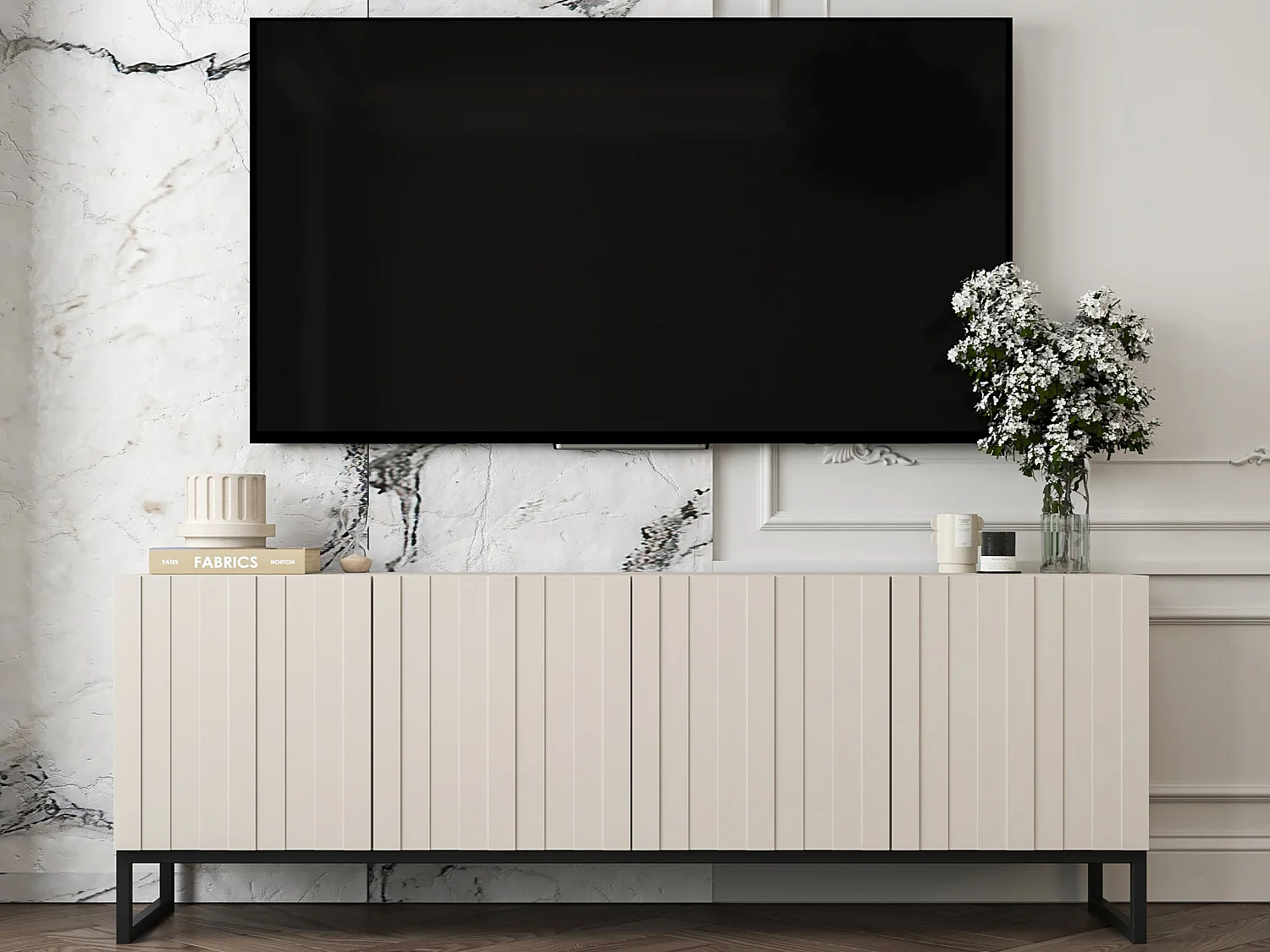 Meuble TV avec 4 portes - Corps Cachemire mat, façades rainurées Cachemire mat - 150 cm, Cadre en métal noir