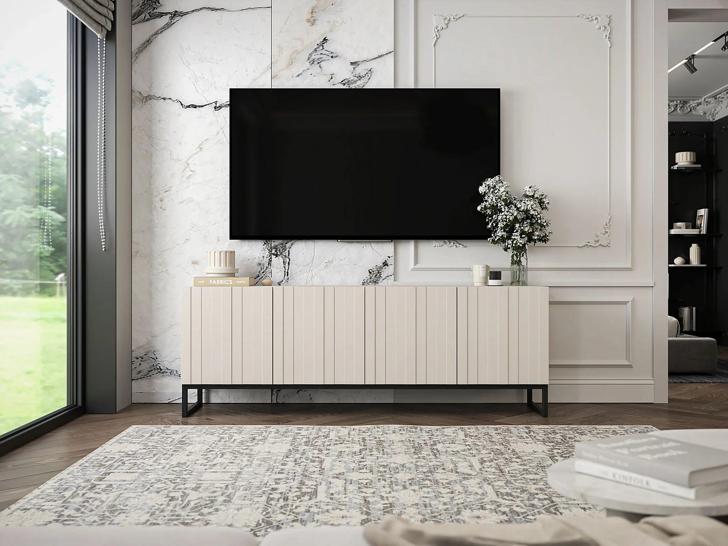 Meuble TV avec 4 portes - Corps Cachemire mat, façades rainurées Cachemire mat - 150 cm, Cadre en métal noir