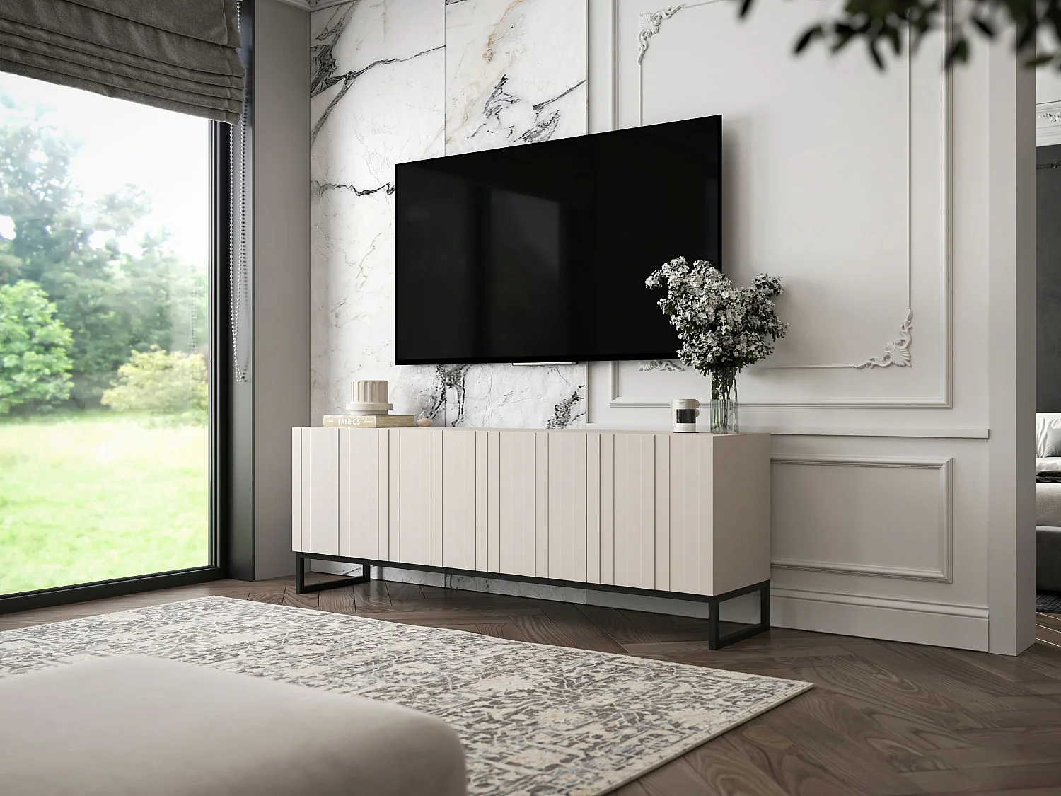 Meuble TV avec 4 portes - Corps Cachemire mat, façades rainurées Cachemire mat - 150 cm, Cadre en métal noir