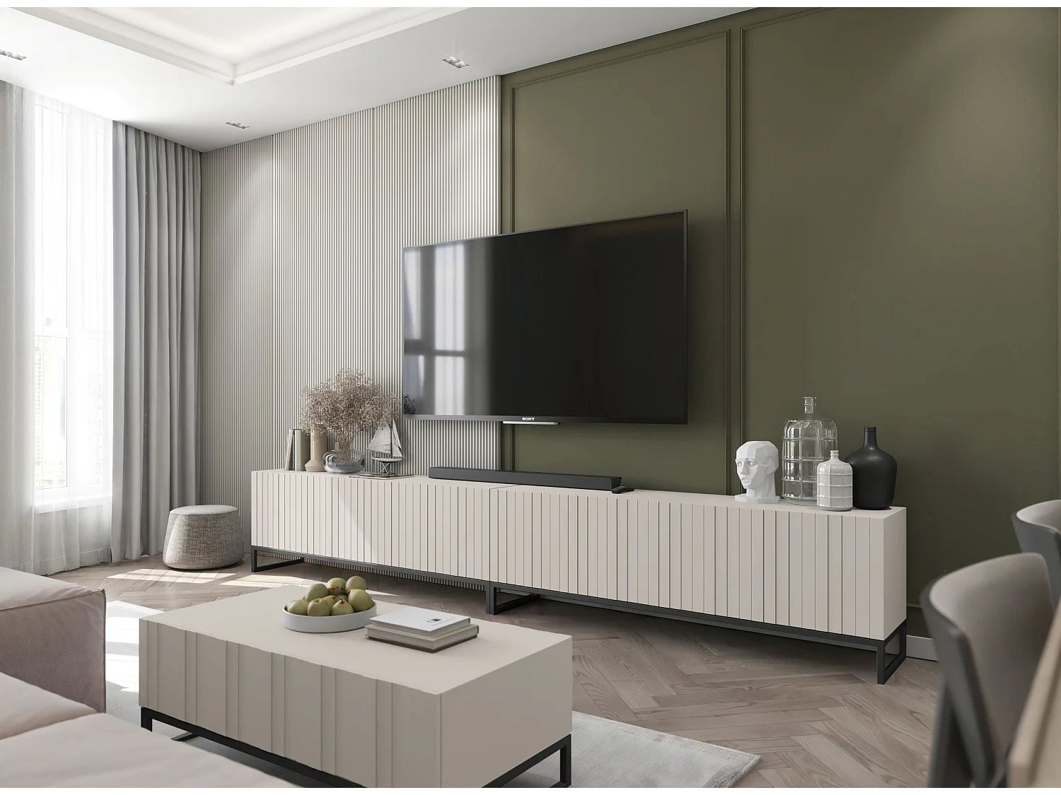 Meuble TV avec 4 portes - Corps Cachemire mat, façades rainurées Cachemire mat - 150 cm, Cadre en métal noir