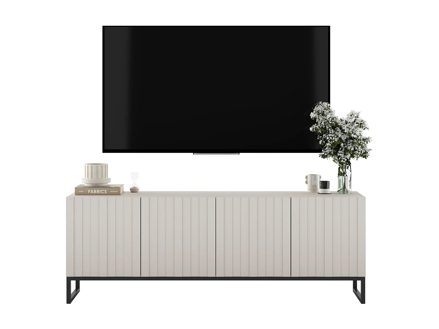 TV-Möbel mit 4 Türen - Korpus Kaschmir matt, geriffelte Fronten Kaschmir matt - 150 cm, Schwarzer Metallrahmen