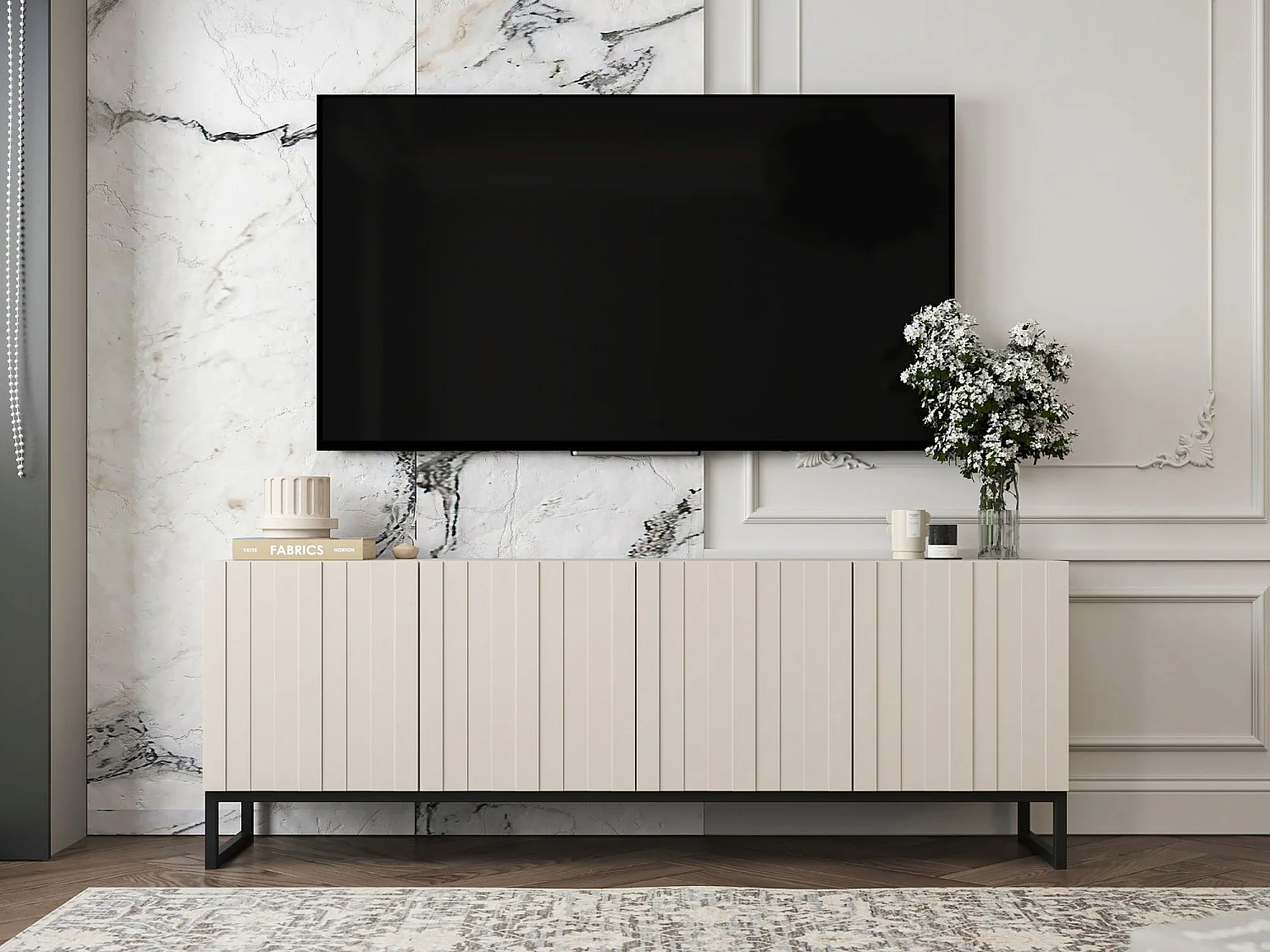 TV-Möbel mit 4 Türen - Korpus Kaschmir matt, geriffelte Fronten Kaschmir matt - 150 cm, Schwarzer Metallrahmen