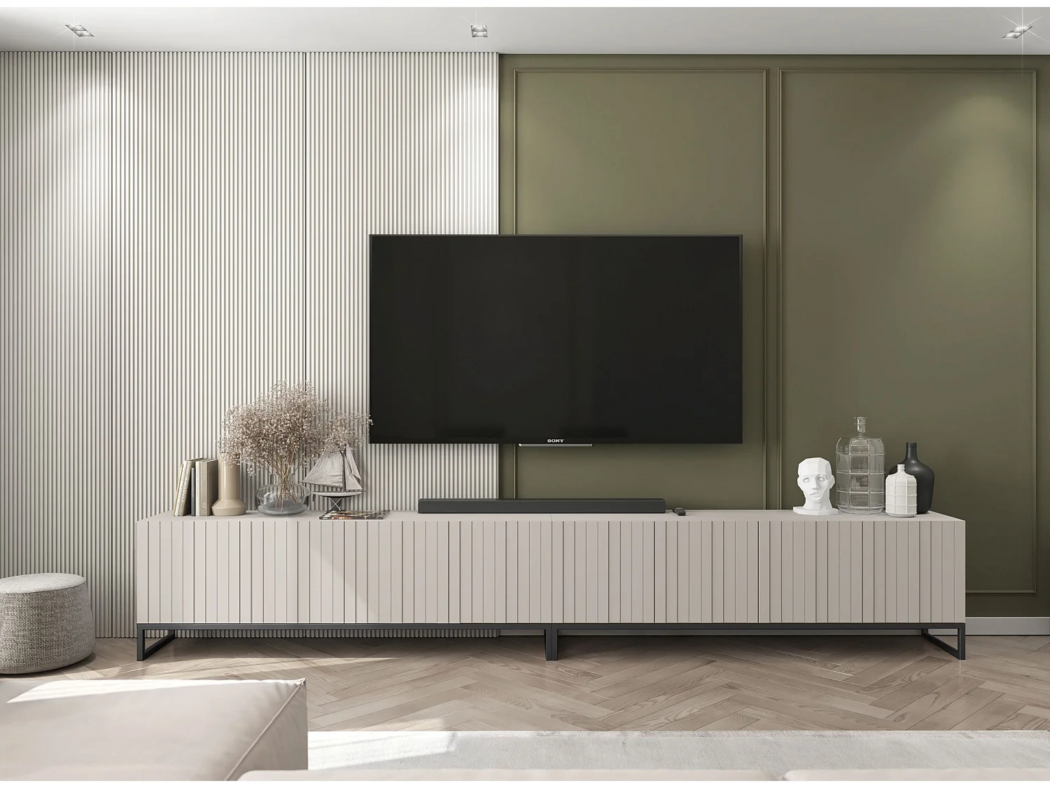 TV-Möbel mit 4 Türen - Korpus Kaschmir matt, geriffelte Fronten Kaschmir matt - 150 cm, Schwarzer Metallrahmen
