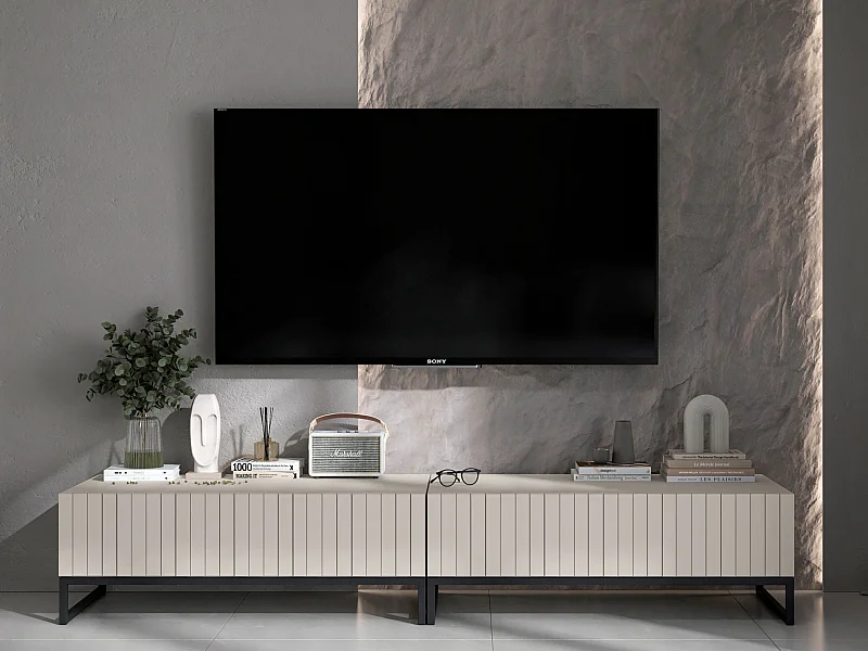 Meuble TV avec 2 portes - Corps Cachemire mat, façades rainurées Cachemire mat - 220 cm, Cadre en métal noir