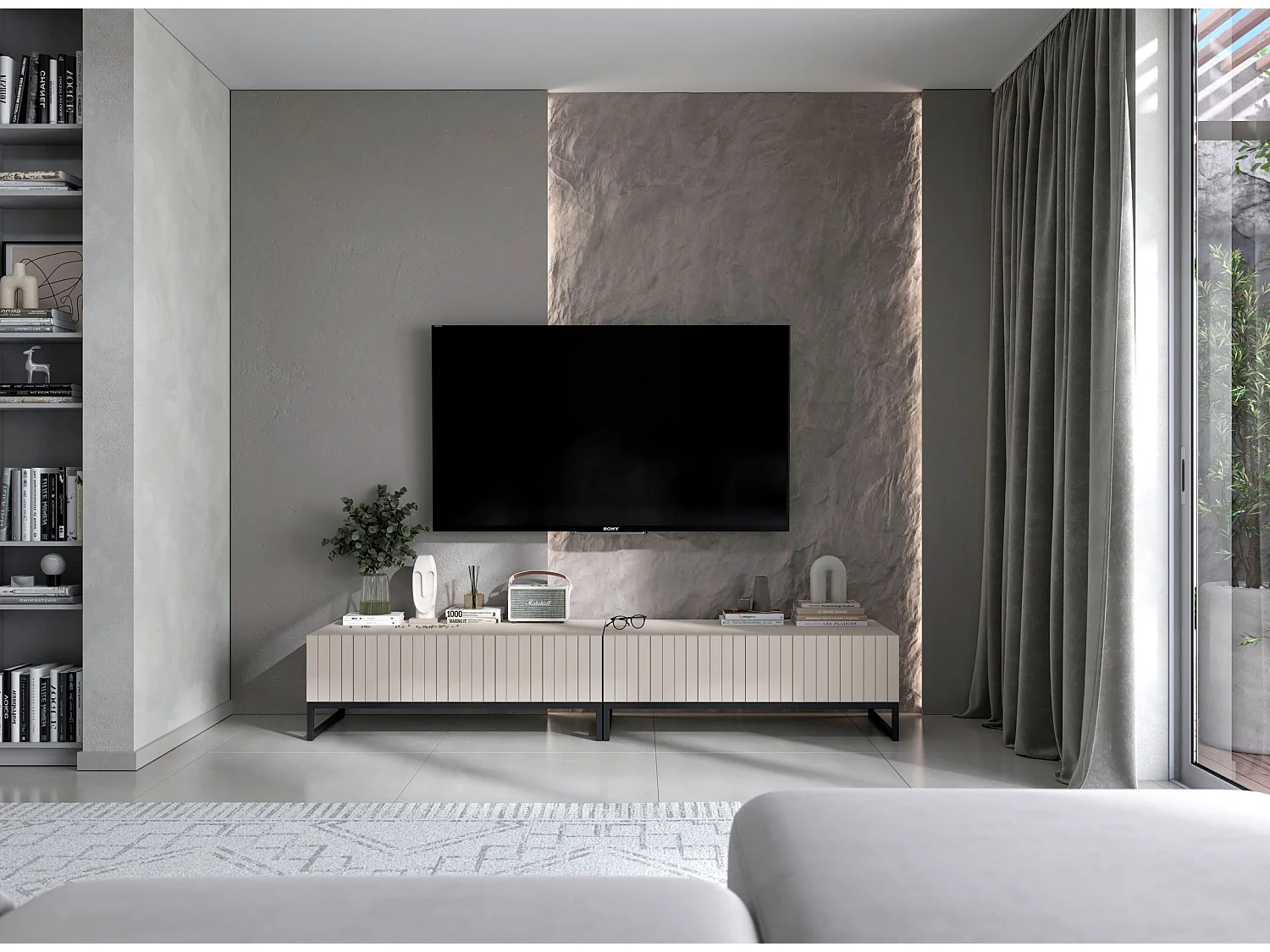 Meuble TV avec 2 portes - Corps Cachemire mat, façades rainurées Cachemire mat - 220 cm, Cadre en métal noir