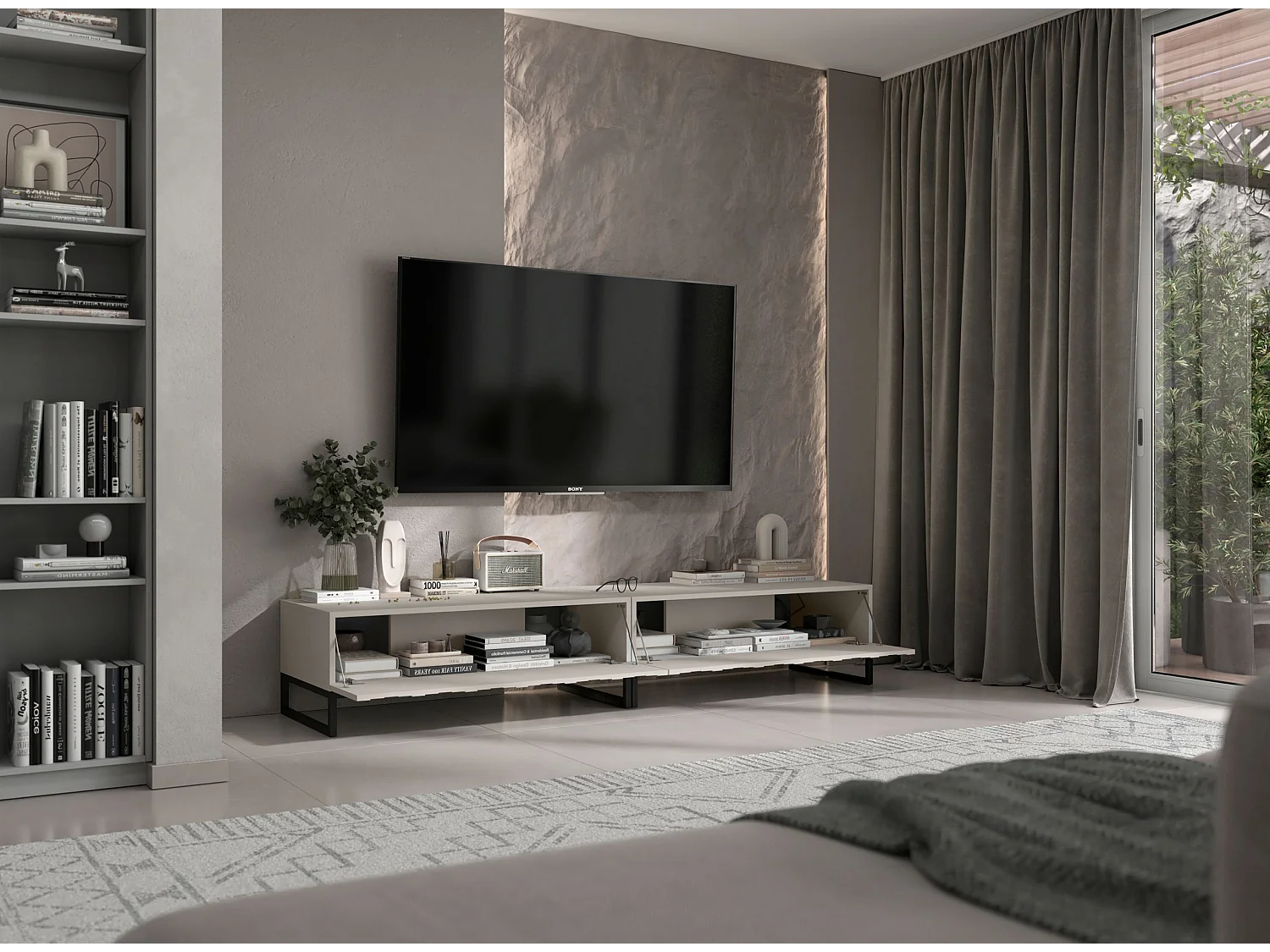 Meuble TV avec 2 portes - Corps Cachemire mat, façades rainurées Cachemire mat - 220 cm, Cadre en métal noir