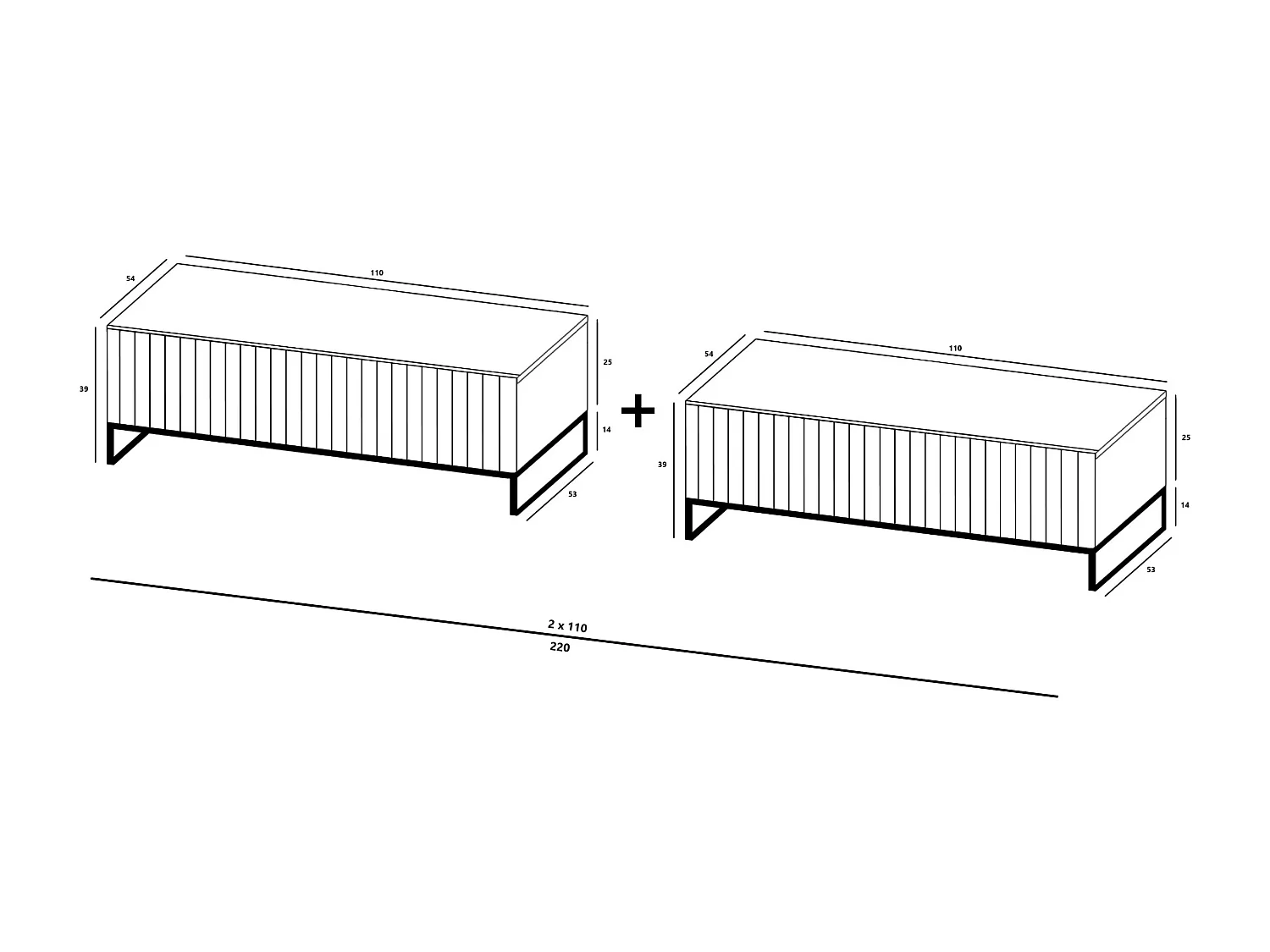 Meuble TV avec 2 portes - Corps Cachemire mat, façades rainurées Cachemire mat - 220 cm, Cadre en métal noir