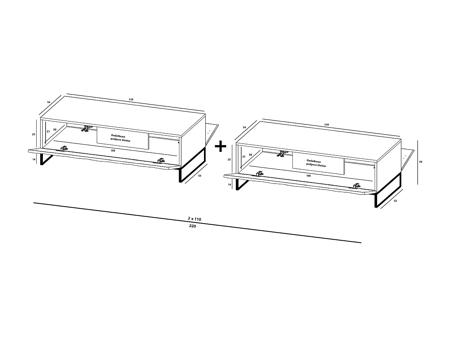 Meuble TV avec 2 portes - Corps Cachemire mat, façades rainurées Cachemire mat - 220 cm, Cadre en métal noir