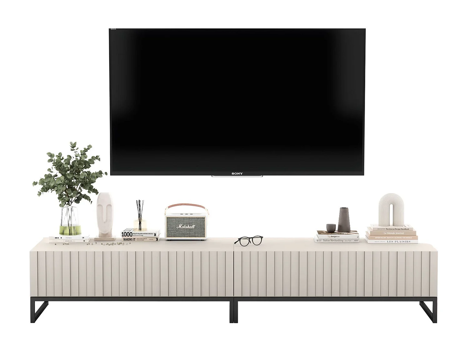 Meuble TV avec 2 portes - Corps Cachemire mat, façades rainurées Cachemire mat - 220 cm, Cadre en métal noir