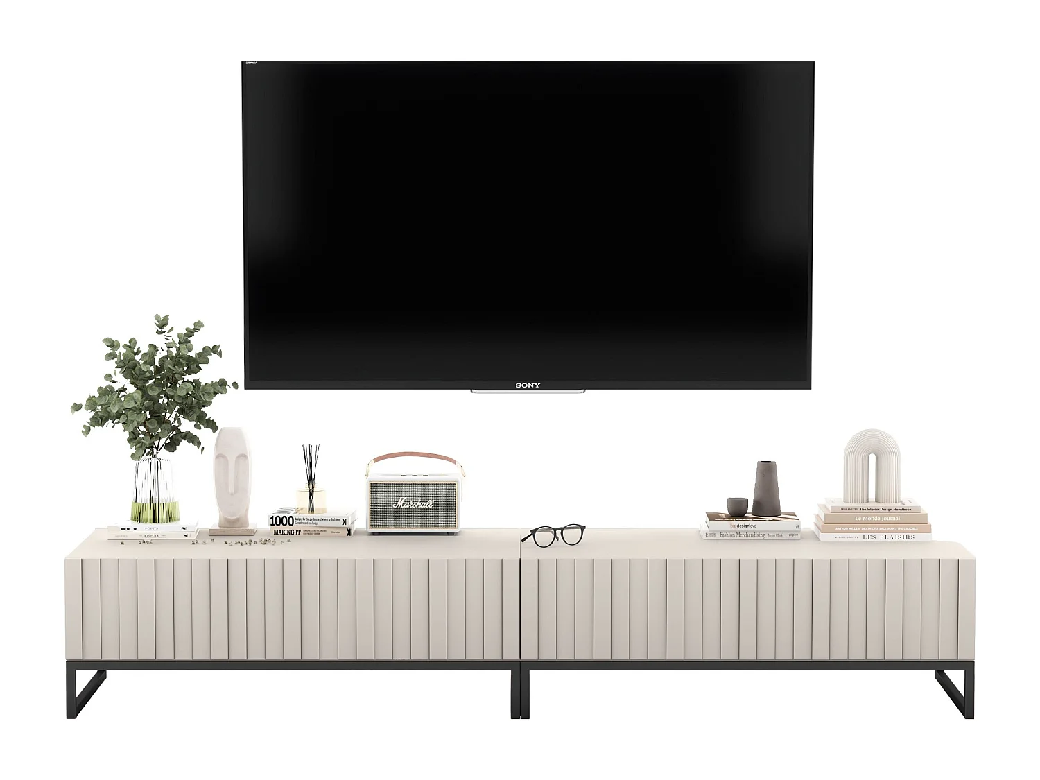 Meuble TV avec 2 portes - Corps Cachemire mat, façades rainurées Cachemire mat - 220 cm, Cadre en métal noir
