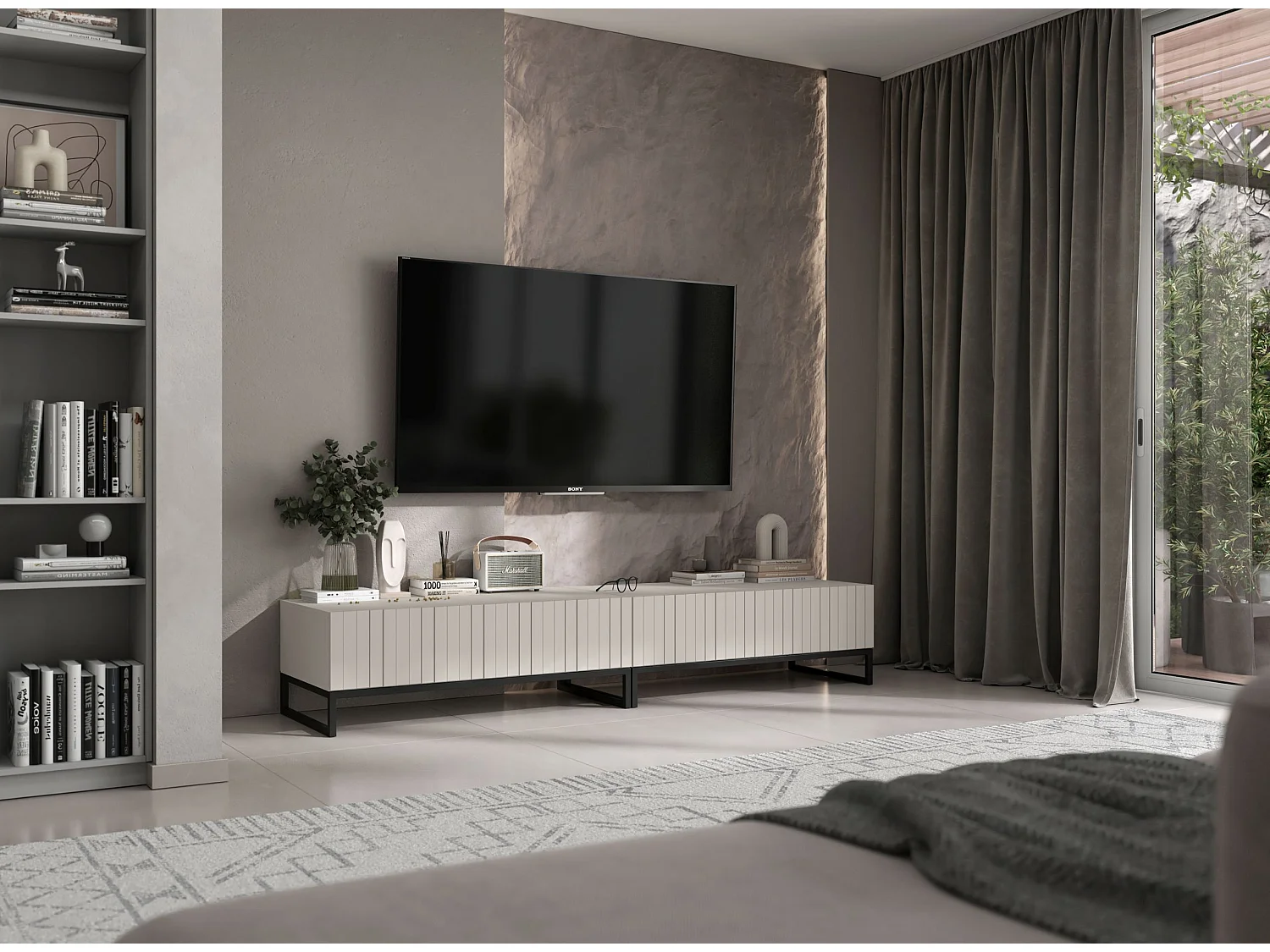 Meuble TV avec 2 portes - Corps Cachemire mat, façades rainurées Cachemire mat - 220 cm, Cadre en métal noir