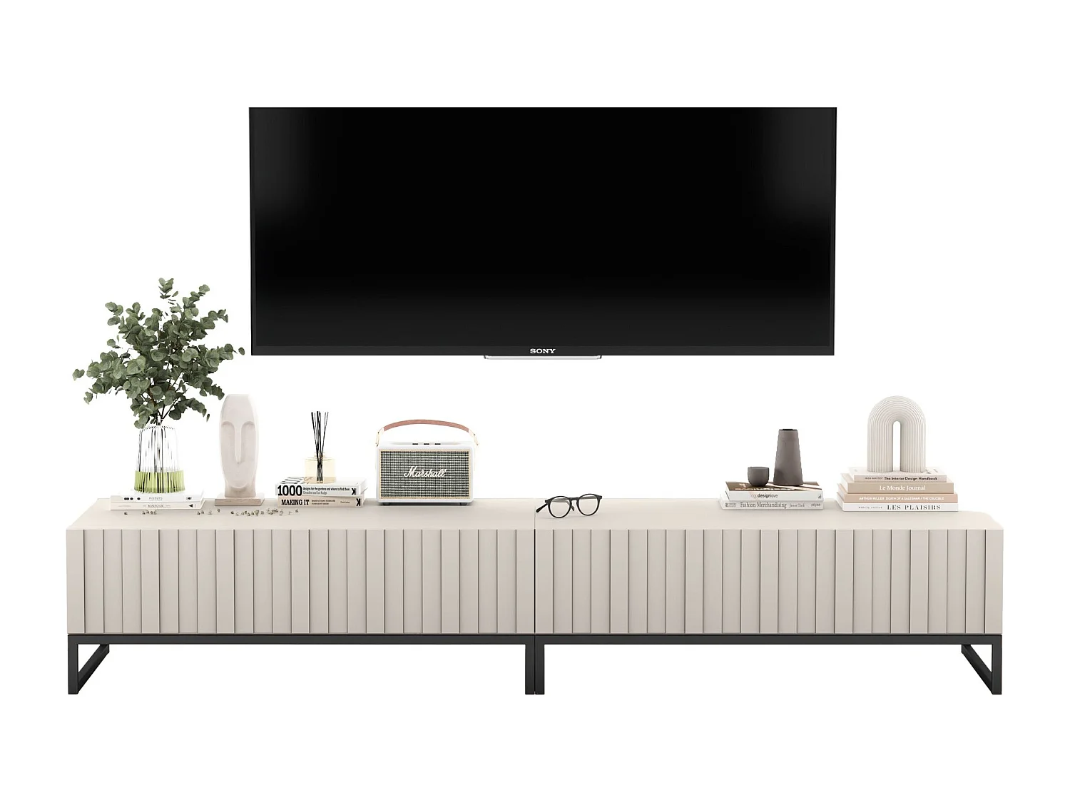 Szafka RTV z 2 drzwiami - Korpus kaszmir mat, fronty ryflowane kaszmir mat - 220 cm, czarna metalowa rama
