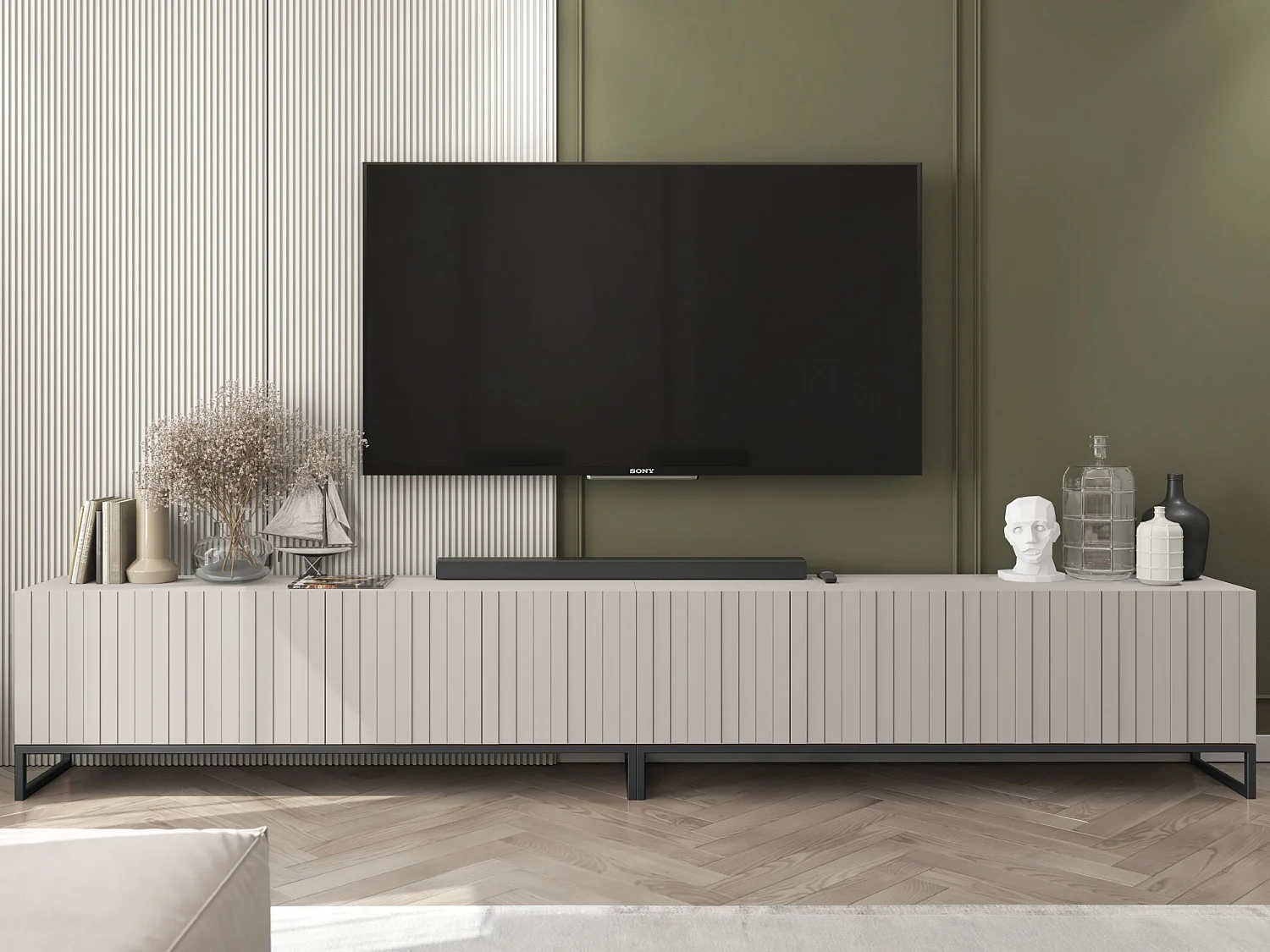 Meuble TV avec 8 portes - corps Cachemire mat, façades cannelées Cachemire mat - 300 cm, Cadre en métal noir