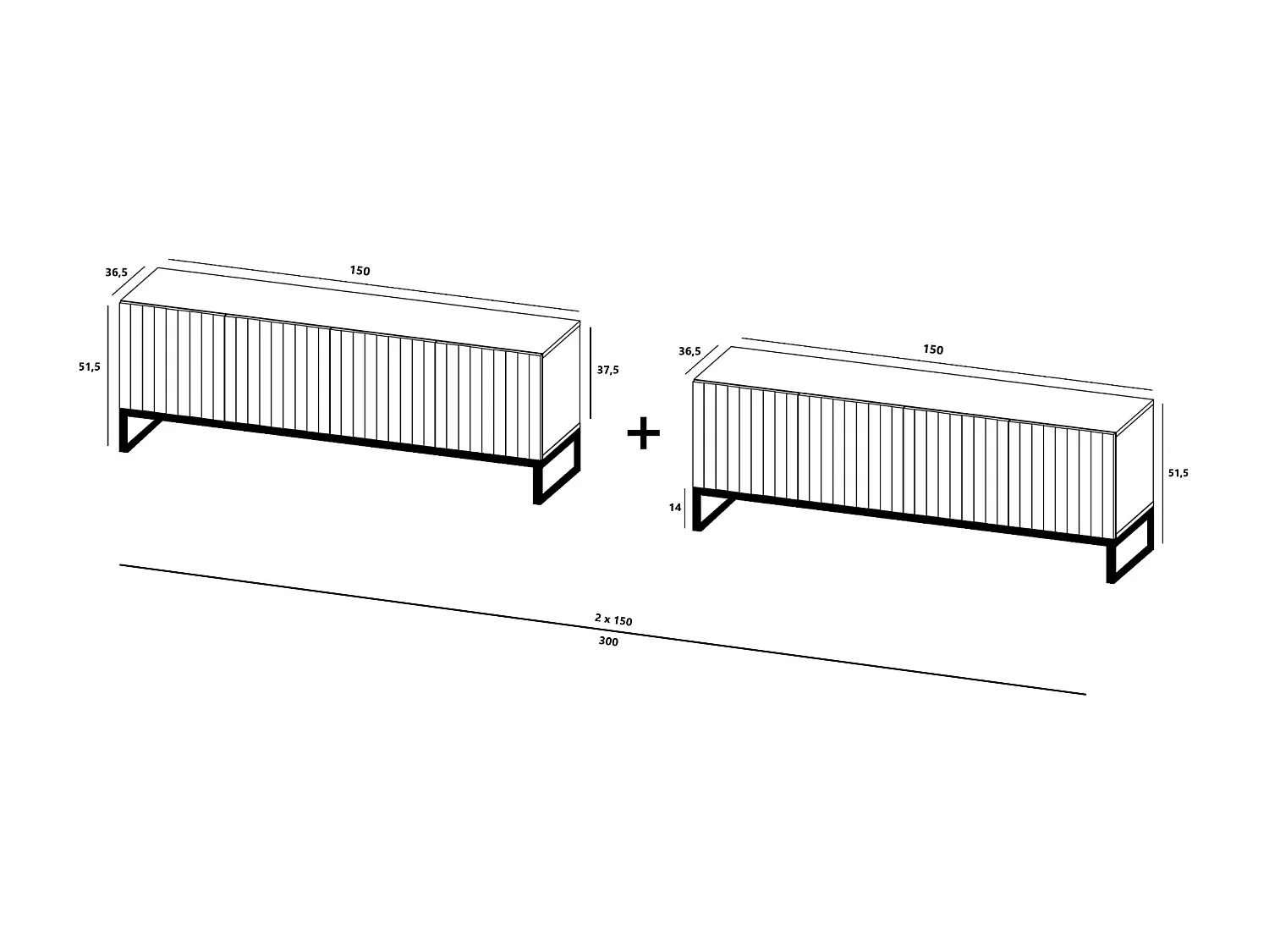 Meuble TV avec 8 portes - corps Cachemire mat, façades cannelées Cachemire mat - 300 cm, Cadre en métal noir