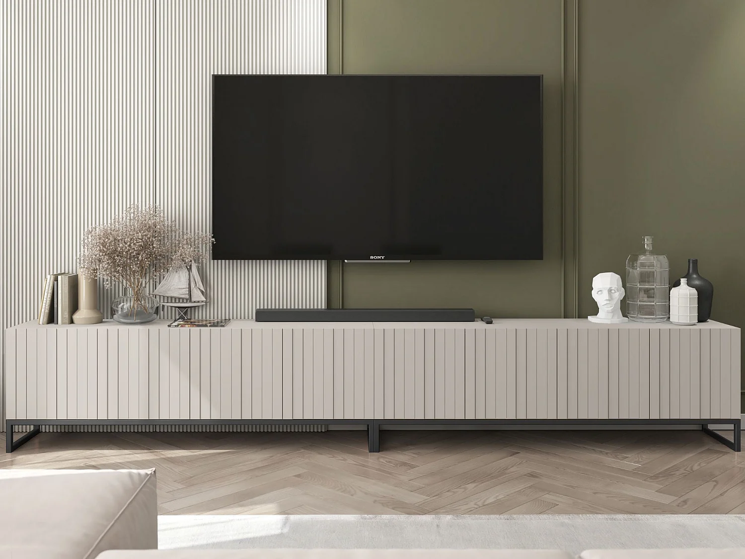 TV-Möbel mit 8 Türen - Korpus Kaschmir matt, geriffelte Fronten Kaschmir matt - 300 cm, schwarzes Metallgestell