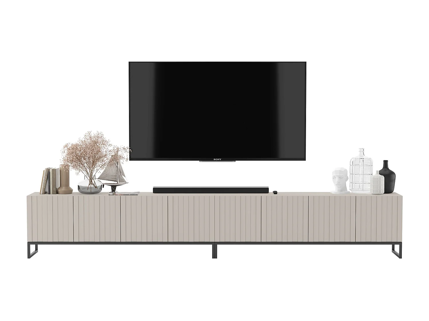 TV-Möbel mit 8 Türen - Korpus Kaschmir matt, geriffelte Fronten Kaschmir matt - 300 cm, schwarzes Metallgestell