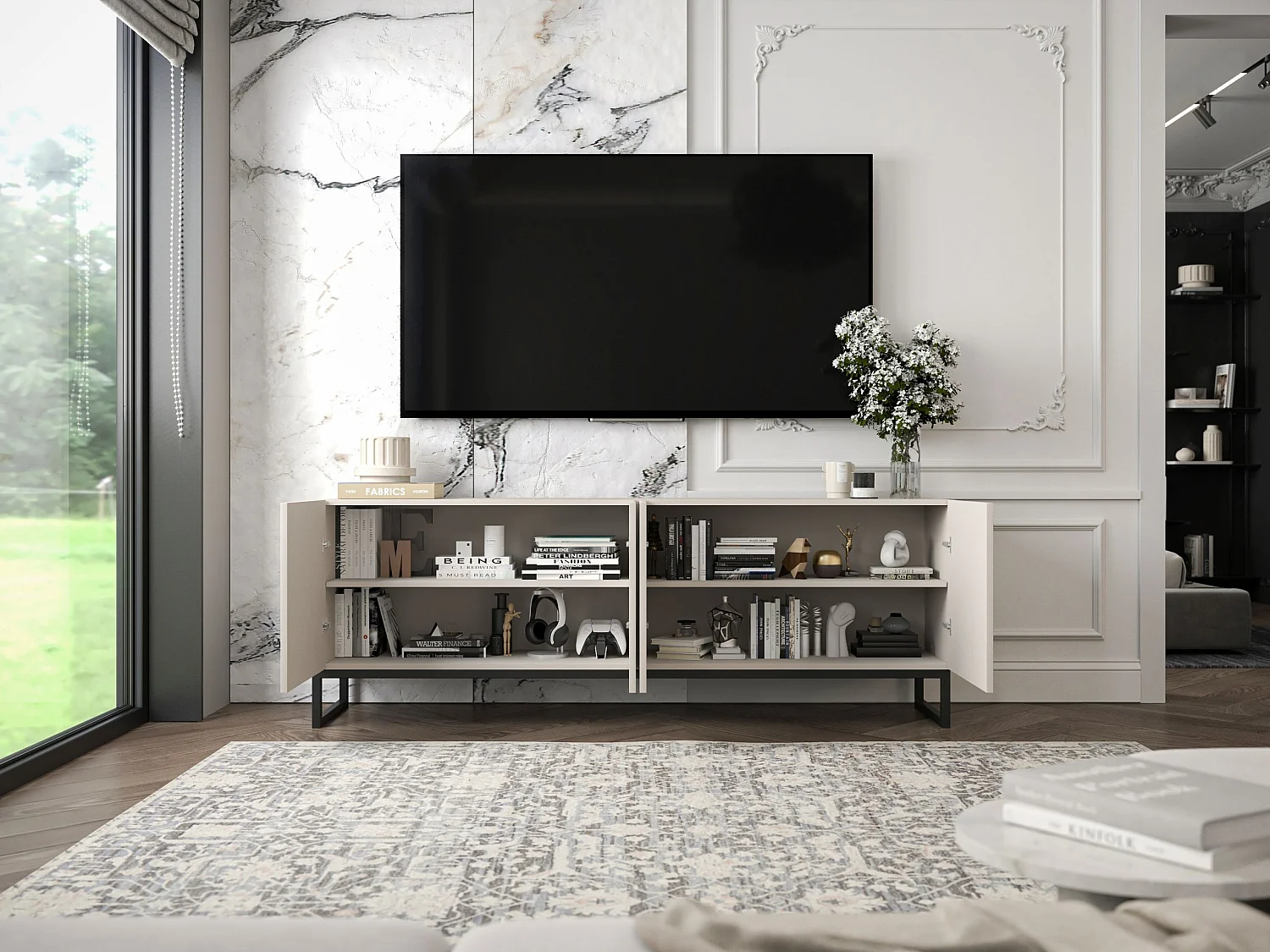 TV-Möbel mit 8 Türen - Korpus Kaschmir matt, geriffelte Fronten Kaschmir matt - 300 cm, schwarzes Metallgestell