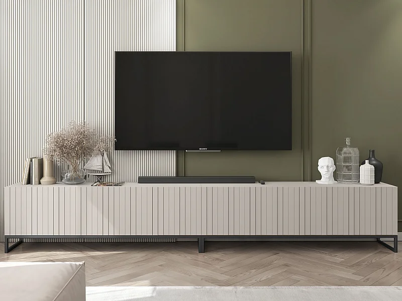 Meuble TV avec 8 portes - corps Cachemire mat, façades cannelées Cachemire mat - 300 cm, Cadre en métal noir