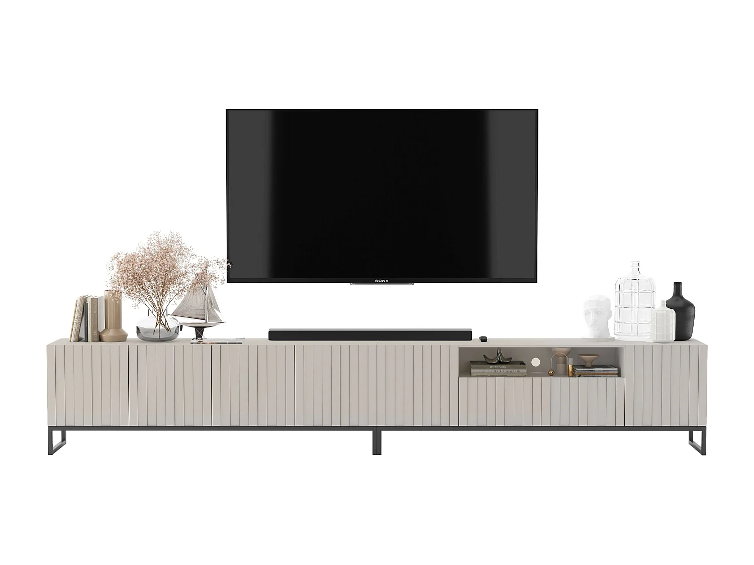 Meuble TV avec 7 portes et niche - corps Cachemire mat, façades cannelées Cachemire mat - 300 cm, Cadre en métal noir