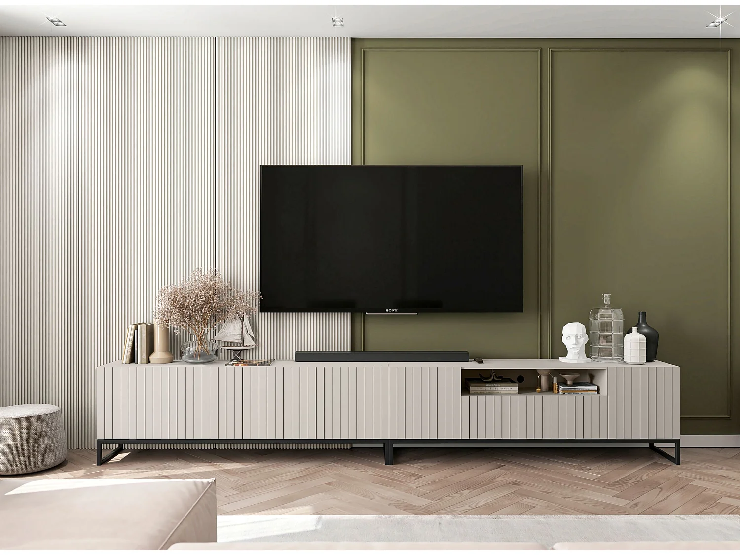 Meuble TV avec 7 portes et niche - corps Cachemire mat, façades cannelées Cachemire mat - 300 cm, Cadre en métal noir