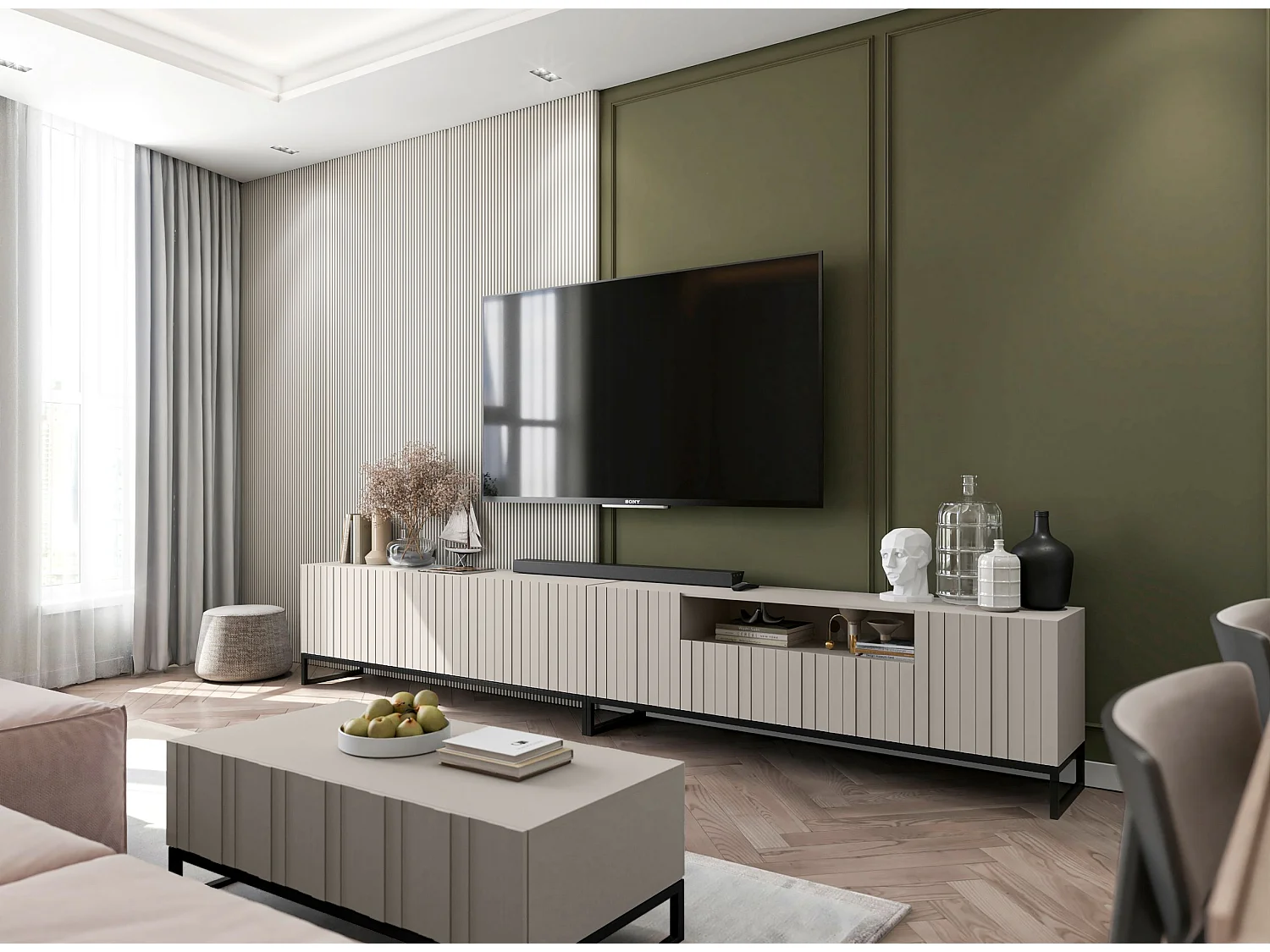 Meuble TV avec 7 portes et niche - corps Cachemire mat, façades cannelées Cachemire mat - 300 cm, Cadre en métal noir