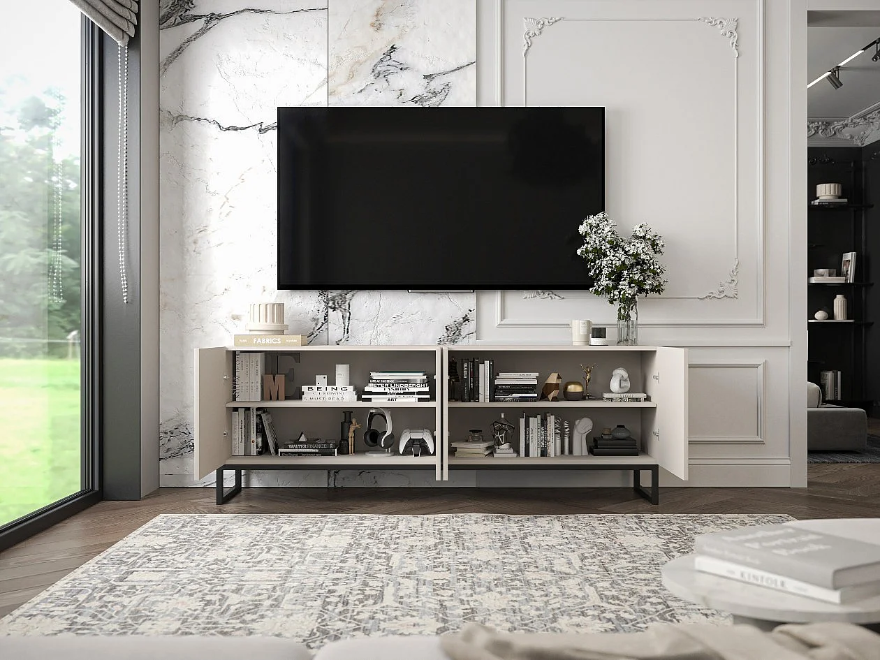 Meuble TV avec 7 portes et niche - corps Cachemire mat, façades cannelées Cachemire mat - 300 cm, Cadre en métal noir