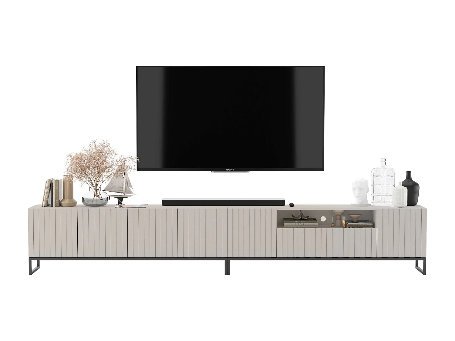 Meuble TV avec 7 portes et niche - corps Cachemire mat, façades cannelées Cachemire mat - 300 cm, Cadre en métal noir