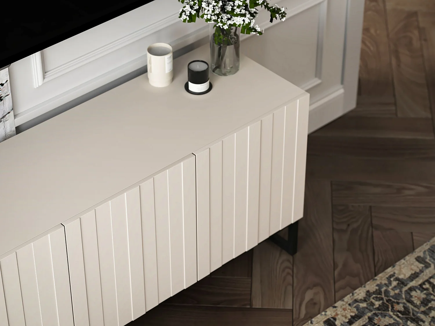 Meuble TV avec 7 portes et niche - corps Cachemire mat, façades cannelées Cachemire mat - 300 cm, Cadre en métal noir