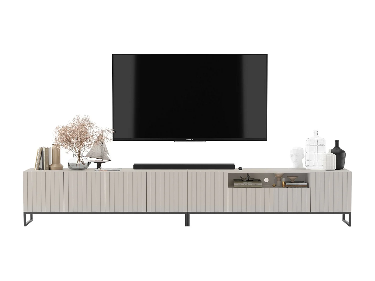 Meuble TV avec 7 portes et niche - corps Cachemire mat, façades cannelées Cachemire mat - 300 cm, Cadre en métal noir