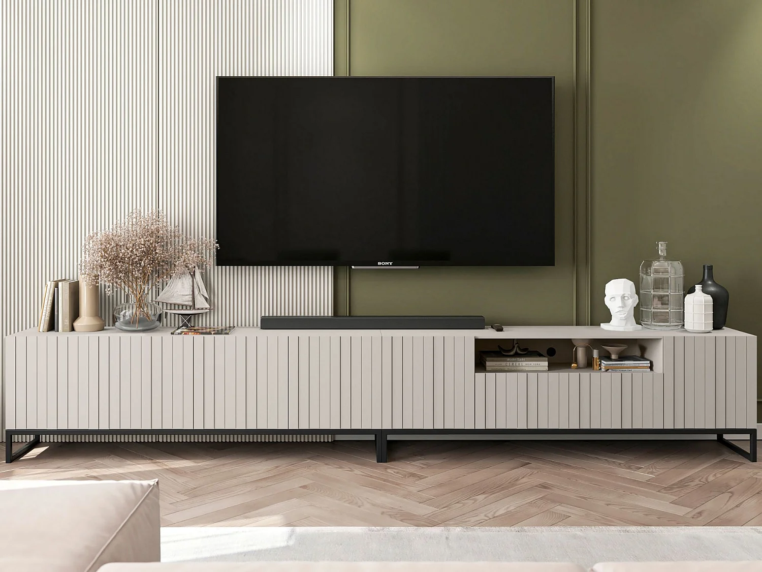 Meuble TV avec 7 portes et niche - corps Cachemire mat, façades cannelées Cachemire mat - 300 cm, Cadre en métal noir